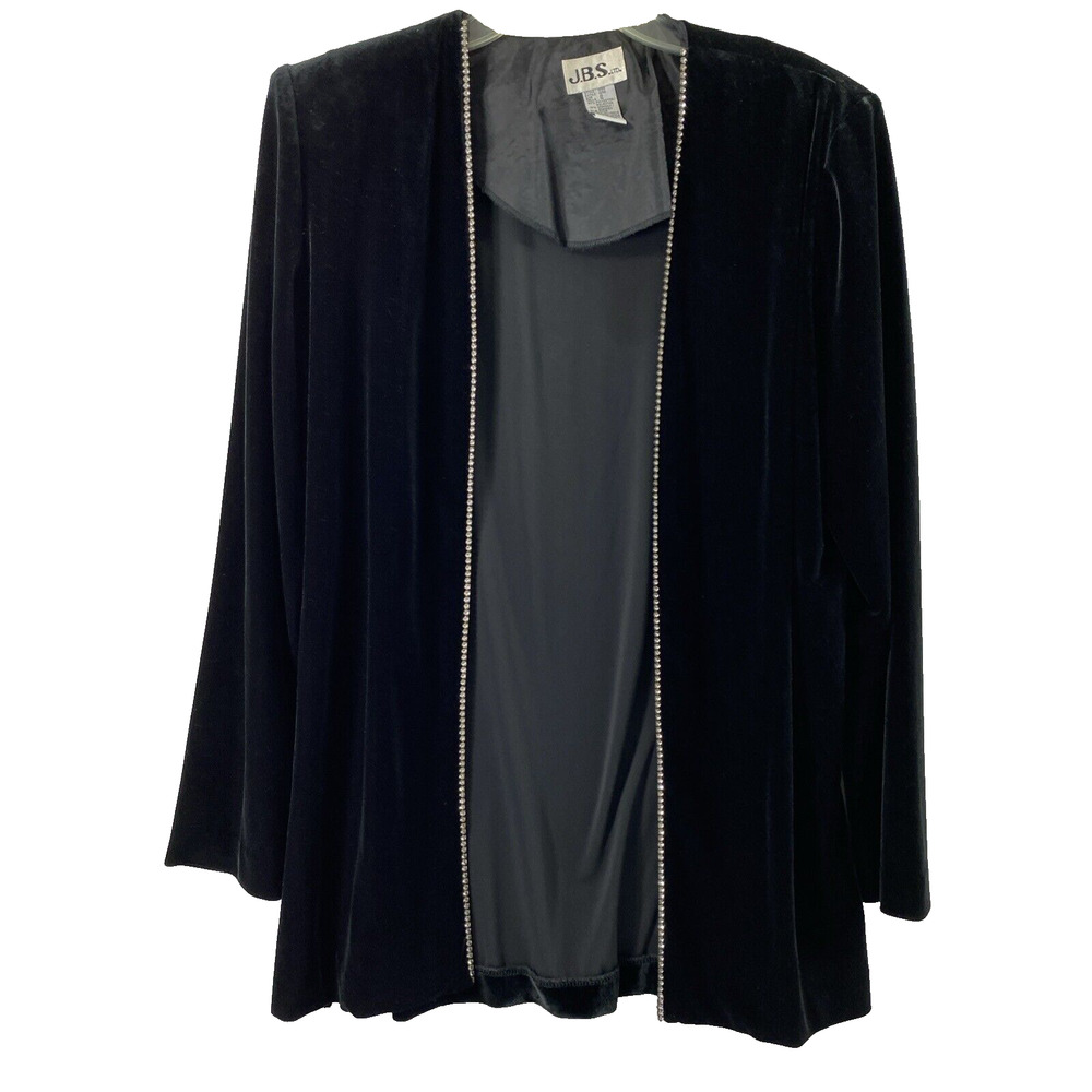 Vtg JBS Velvet Jacket Womens Size 10 Rhinestone Open Front Black Evening Party